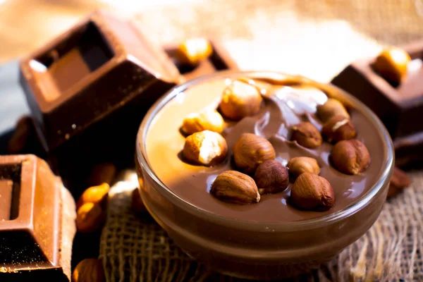 Chocolate Spread Hazelnuts Dark Background — Stock Photo, Image