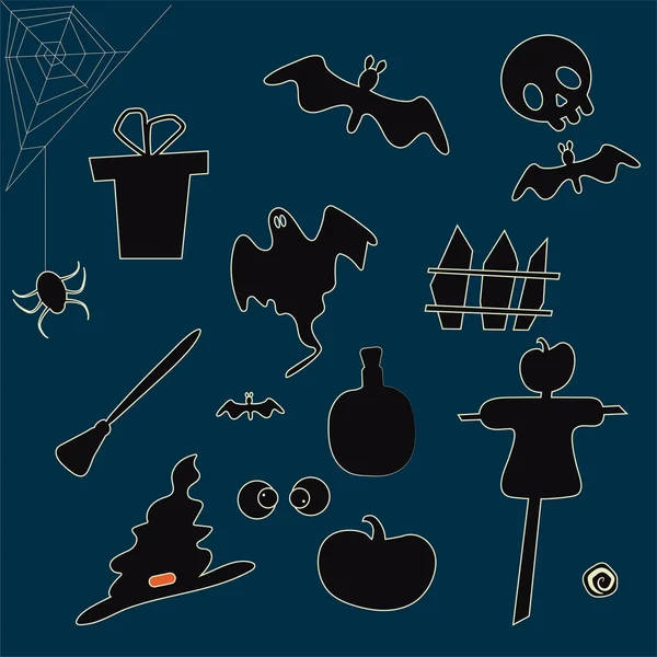 Cadılar bayramı temalı siluetler. Tatil için siyah siluetler. Hayalet, balkabağı, yarasa, cadı nesneleri. Mobil uygulama veya clipart için