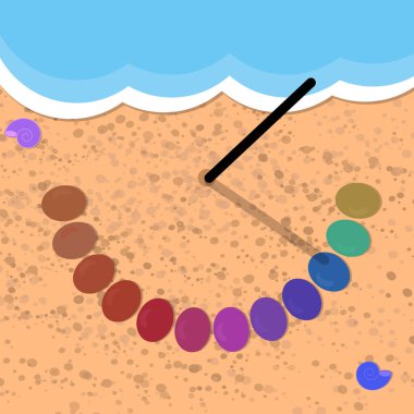 Deniz kenarındaki basit bir güneş saatinin vektör çizimi. Asa ve gökkuşağı taşları. Kum ve dalgalar.