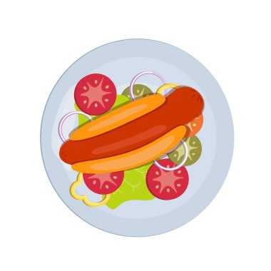 Sebzeli sosisli sandviç. Sosisli sandviç, domates, salatalık ve soğan. Beyaz arkaplanda yiyecek çizimi.