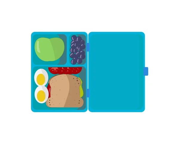 Almuerzo escolar. Caja de comida sobre fondo blanco. Sandwich con huevo, manzana, verduras y bayas. Snack en la oficina. — Vector de stock