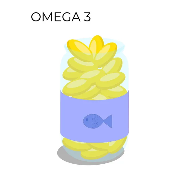 Bir şişe balık yağı kapsülü. Omega 3 ilavesinin düz vektör çizimi.