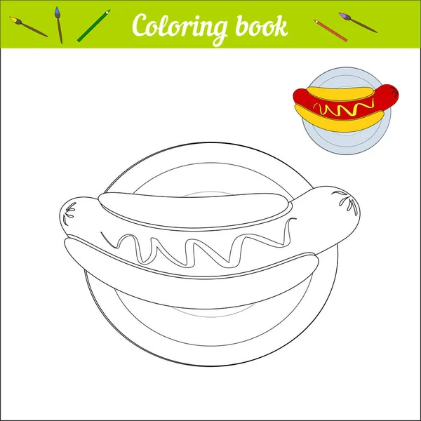 핫도그를 접시 위에 올려 놓고. 아이들을 위한 간단 한 색칠 책입니다. 흑백의 만화 일러스트와 컬러스 워치. 반사기로 만든 음식. — 스톡 벡터