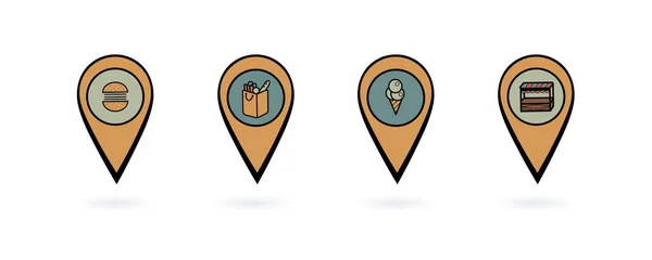 Harita için işaretleyici koleksiyonu. Seyahat yerlerinin konumu için işaretler. Uygulamadaki navigasyon için bir rota oluşturun. Market, market, hamburger, dondurma, pazar.