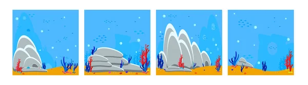 Su altı dünyasının geçmişleri. Kumlu taban denizleri, kayalar ve algler. Okyanusun dibindeki karikatür çizimi.