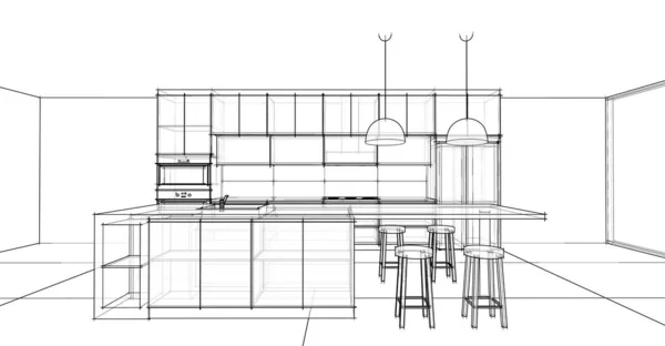 Manzara Modern Tarz Mutfak Boyutlu Tel Çerçeve Çizimi Perspektif — Stok fotoğraf
