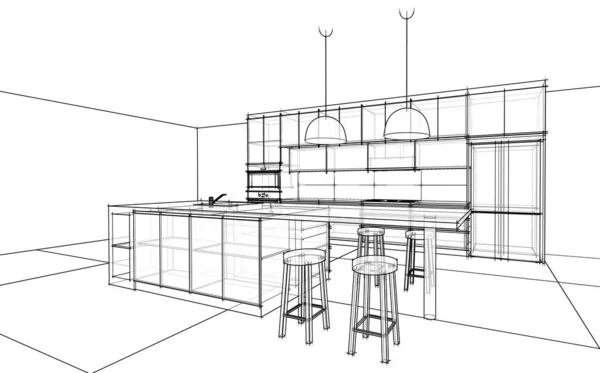 Nowoczesny Styl Kuchnia Drut Ramki Szkic Perspektywy — Zdjęcie stockowe