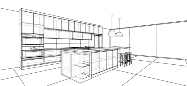 Modern Style Kitchen Wire Frame Sketch Perspective — Stock Photo, Image