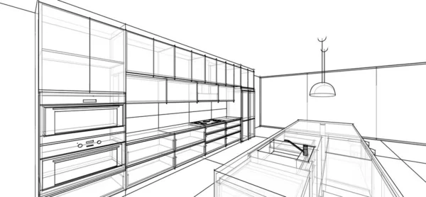 Kitchen Idea Wire Frame Sketch Perspective — Stock Photo, Image