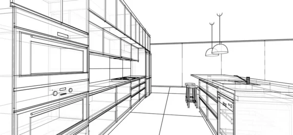 Modern Style Kitchen Wire Frame Sketch Perspective — Stock Photo, Image