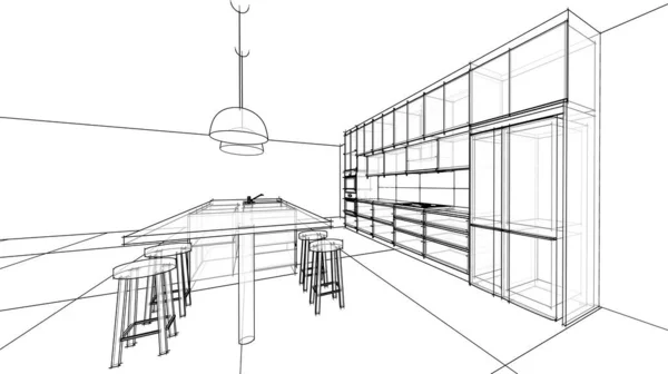 Modern tarz mutfak, 3 boyutlu kablo çerçeve taslağı, bakış açısı