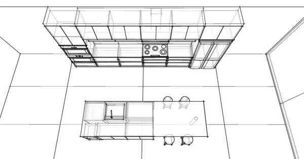Modern Tarz Mutfak Planı Boyutlu Tel Çerçeve Çizimi Perspektif — Stok fotoğraf