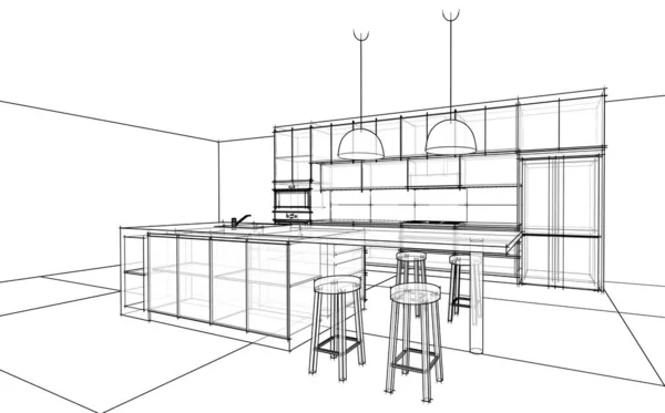 Moderne Küche Drahtrahmenskizze Perspektive Stockfoto