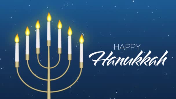 Happy Hanukkah Groet Animated Text Menorah Met Brandende Kaarsen Vallende — Stockvideo
