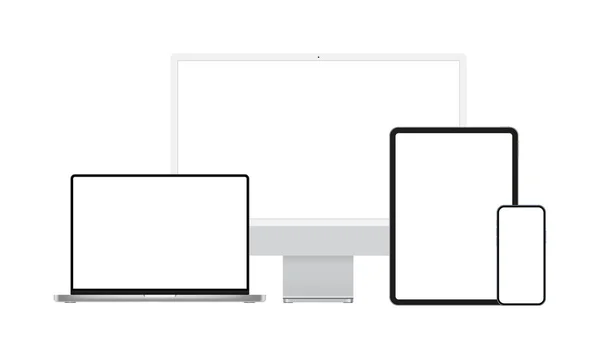 Moderne Apparaten Mockups Monitor Laptop Tablet Telefoon Showcase Website Ontwerp — Stockvector