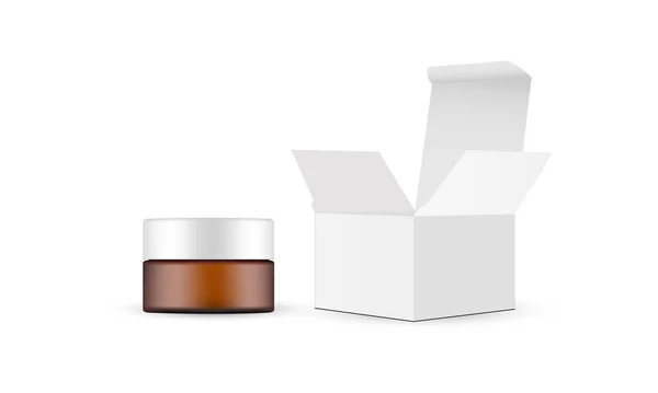 Plast Amber Cosmetic Jar Square Box Mockup Med Öppnad Lock — Stock vektor