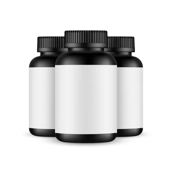 Svarta Plastflaskor För Vitaminer Piller Eller Kosttillskott Isolerade Vit Bakgrund — Stock vektor