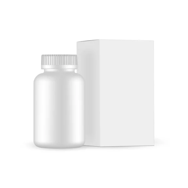 Tomma Plastflaska För Läkemedel Eller Kosttillskott Med Papperslåda Isolerad Vit — Stock vektor