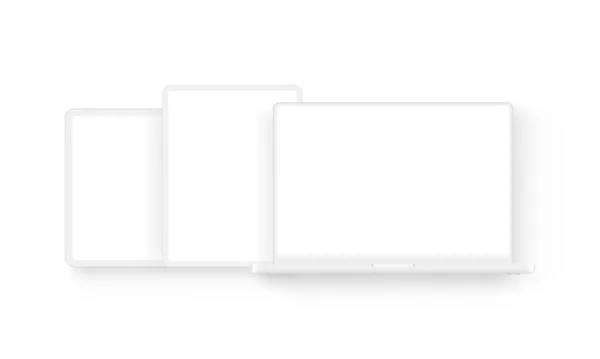 Appareils Modernes Argile Ordinateur Portable Tablettes Avec Écrans Blancs Mockup — Image vectorielle