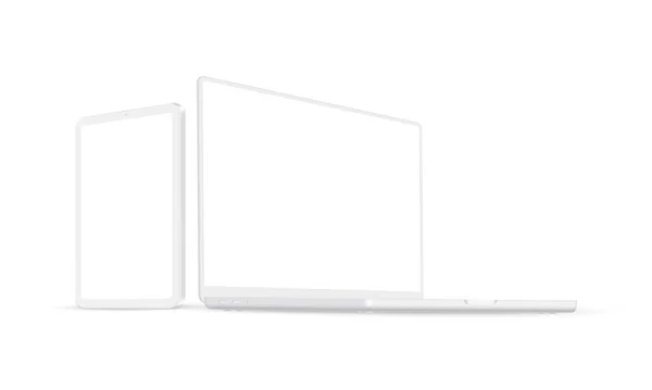 Clay Laptop Tablet Computador Mockup Com Perspectiva Vista Lateral Isolado —  Vetores de Stock