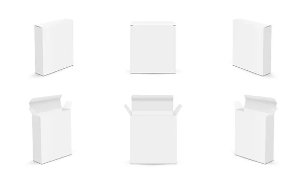 Ορθογώνια Κουτιά Mockups Ανοιγμένα Κλειστά Διάφορες Προβολές Απομονωμένα Λευκό Φόντο — Διανυσματικό Αρχείο