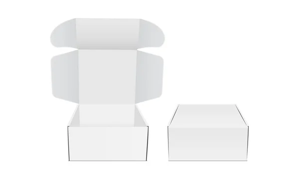 Deux Boîtes Emballage Vierges Mockup Avec Couvercle Ouvert Fermé Vue — Image vectorielle