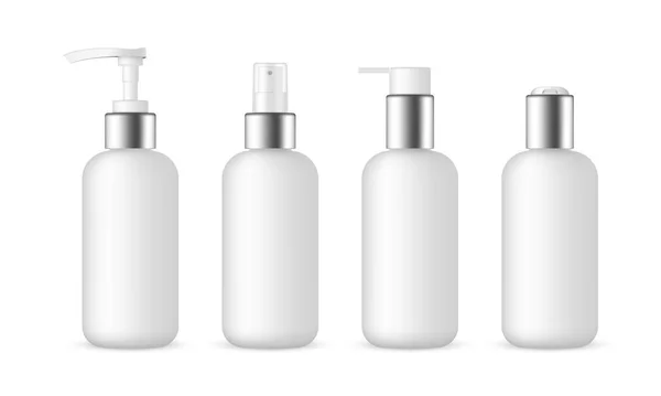 Blank Cosmetic Packaging Bottles Mockup Metal Cap Spray Pump Shampoo — Stock Vector