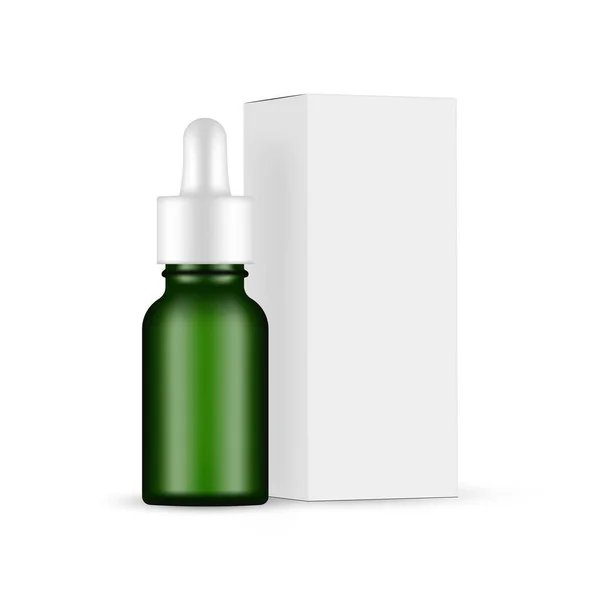 Green Glass Dropper Bottle Paper Box Side View Isolated White — 스톡 벡터