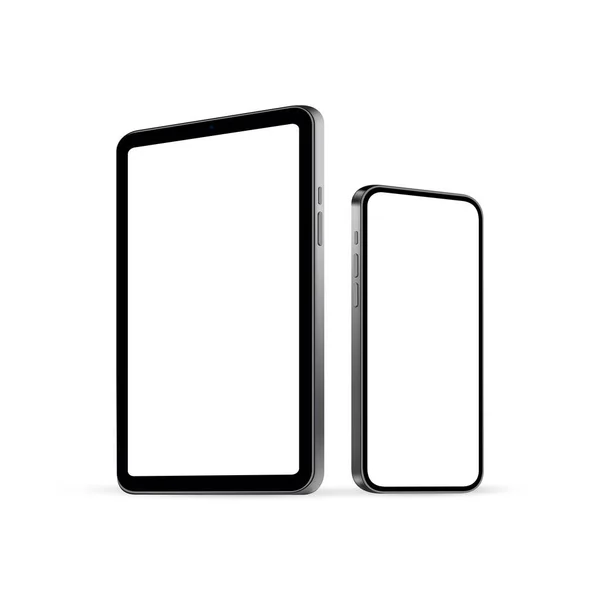 Tablet Telefone Mockup Com Telas Branco Vista Lateral Isolado Fundo — Vetor de Stock