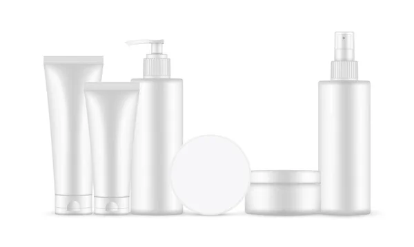 Kozmetikai Csomagolás Mockup Befőttes Üveg Tubus Spray Cumisüveg Vektorillusztráció — Stock Vector