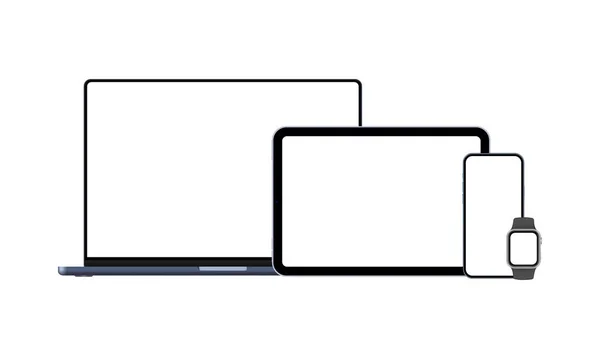 Ensemble Appareils Électroniques Modernes Avec Écrans Vierges Ordinateur Portable Tablette — Image vectorielle