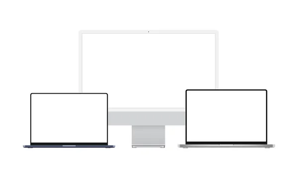 Silberner Computermonitor Und Laptops Mit Leeren Bildschirmen Isoliert Auf Weißem — Stockvektor