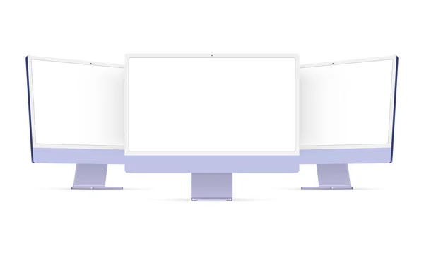 Monitores Modernos Computador Violeta Com Telas Branco Vista Frontal Lateral —  Vetores de Stock