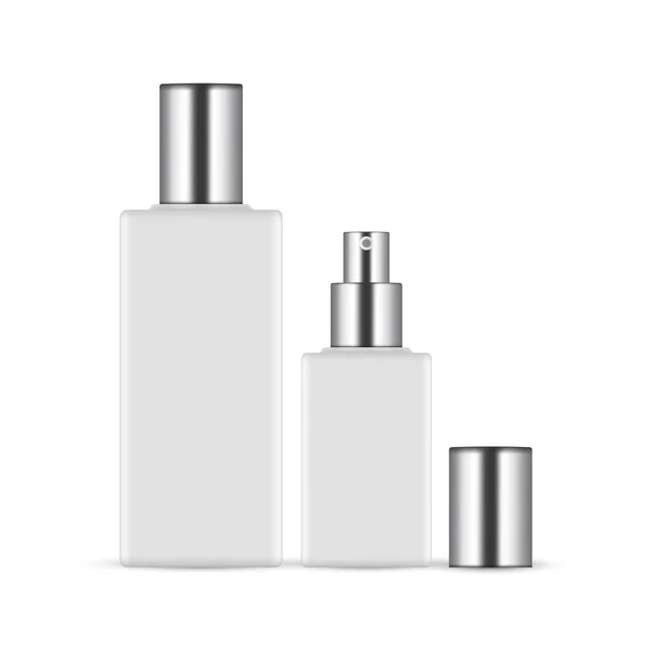 Prostokątne Butelki Perfum Metalowymi Zakrętkami Odizolowane Białym Tle Ilustracja Wektora — Wektor stockowy