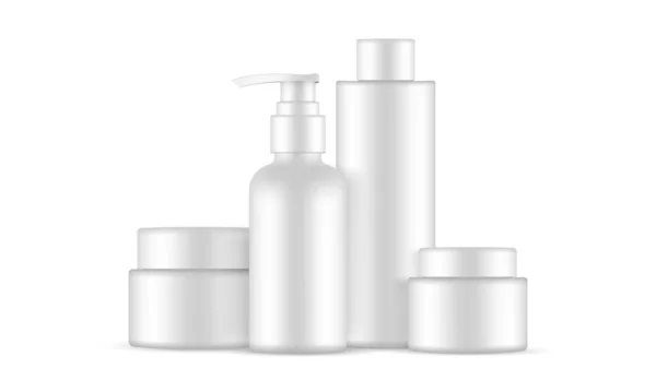 Ensemble Emballage Cosmétique Plastique Blanc Pots Pompes Bouteilles Shampooing Isolés — Image vectorielle