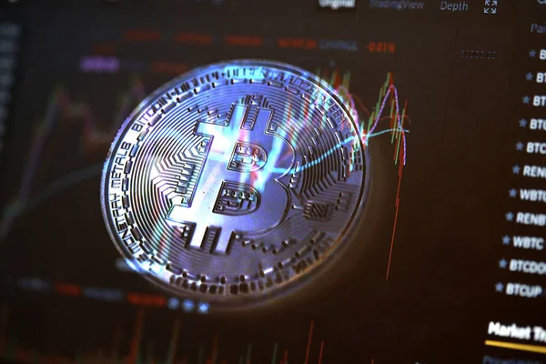 Cryptocurrency coin and financial stock market data — Stockfoto