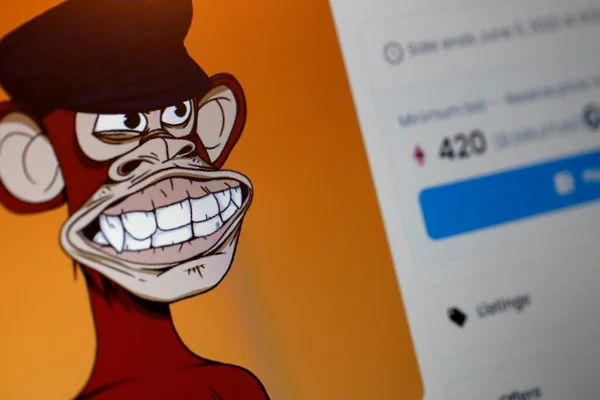 Example of a Bored ape NFT collectible. This particular nft is part of a unique digital collectibles sold via a blockchain. Non fungible token concept.
