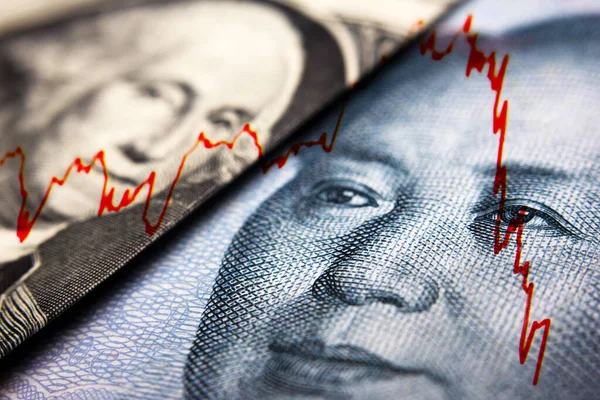 Stock market declining chart and US dollar and Chinese Yuan banknote