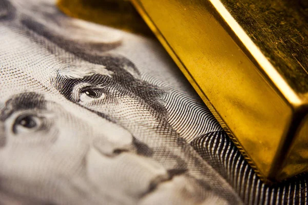 Close Dollar Banknote Gold Bullions — Stock Photo, Image