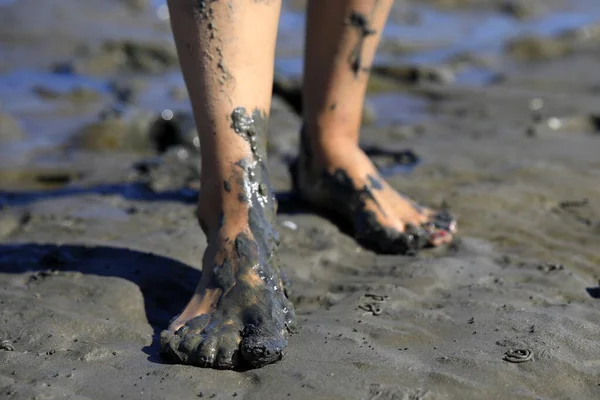 Hollanda, Waddensea 'nin çamurlu düzlüklerinde yürüyen genç bir kadının yakın çekimi.