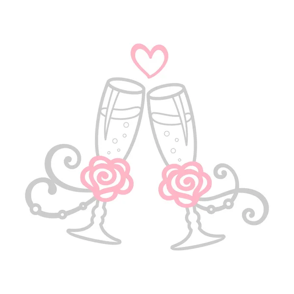 분홍빛 장미와 배경에 샴페인 장미와 리본이 웨딩웨어 결혼식 크리스마스를 엠블럼 — 스톡 벡터