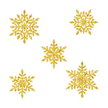 Beyaz arka planda izole edilmiş, altın parıltılı desenli açık kar taneleri. Bayram tebrik kartı, afiş, poster, yapıştırma kitabı, çıkartma, bayram tasarımı, Noel ve yeni yıl dekorasyonu için dekoratif öğeler seti. Tasarım şablonu