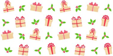 Kırmızı kurdeleli bej hediye kutuları, ökseotu ve beyaz arka planda Noel meyveleri. Sonsuz Noel dokusu. Festival tasarımı, ambalaj kağıdı, ambalaj kağıdı, ambalaj, hediye paketi, yüzey dokusu ve baskısı için vektörsüz desen