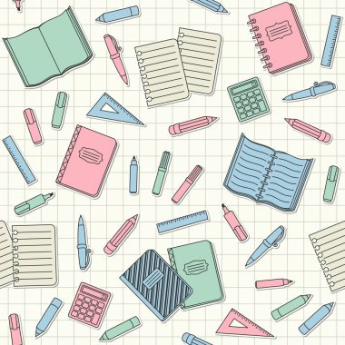 Renkli okul gereçleri, ofis etiketleri ve hücredeki defter kağıdına yapıştırılmış yamalar. Pankart, poster, ofis malzemeleri mağazası, web sitesi duvar kağıdı ve ambalaj kağıdı için kusursuz desen. Okul ve eğitim kavramı. Tasarım şablonu