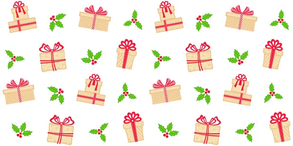 Beige Geschenkdozen Met Rode Linten Strikken Maretak Kerst Holly Bessen — Stockvector