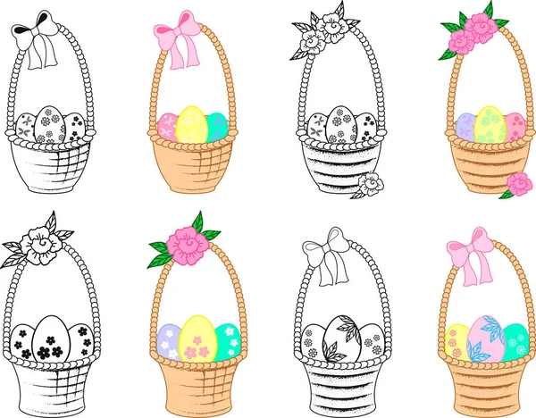 Set Holiday Baskets Easter Eggs Isolated White Background Handles Decorated — Stock Vector