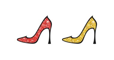 Kırmızı ve altın rengi parıltılı topuklu ayakkabılar ve siyah kenarlı, beyaz arka planda izole edilmiş. Moda tasarımı, ambalaj, ambalaj, satış paketleri, ayakkabı mağazası, ayakkabı fabrikası, tişört, giysi ve çantalar için baskı malzemeleri
