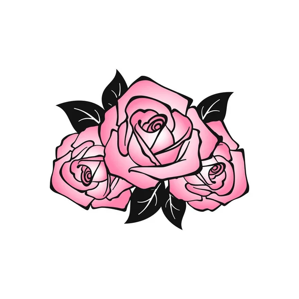 黒の縁と葉を持つ3つのピンクのバラは 白い背景に隔離されています バラの花束 ベクトルイラスト 休日の挨拶カードのためのデザイン要素 カバー ラッパー ラベル エンブレム タトゥー — ストックベクタ