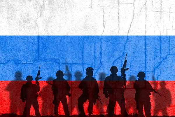 Flag Russia Painted Concrete Wall Soldiers Shadows Crisis International Relations — Stock Photo, Image