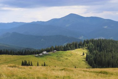 İsviçre Alpleri 'ndeki ormanla kaplı dağların eteklerindeki kulübe manzarası ve zirveleri yağmurlu bir günde dramatik bulutların altında.